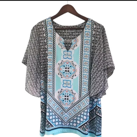 JM Collection Tops - JM Collection Geometric Blue Black Tunic Top Rhinestones Women Size Large New
